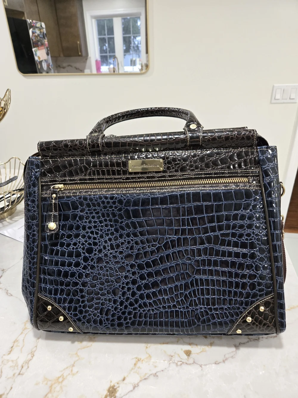 Croc-Embossed Navy and Black Leather Top-Handle Briefcase
